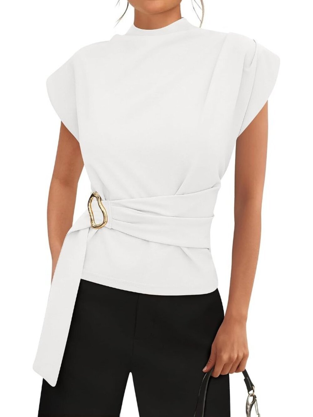 Women's White Mock Neck Cap Sleeve Blouse Belted Business Casual Office Top